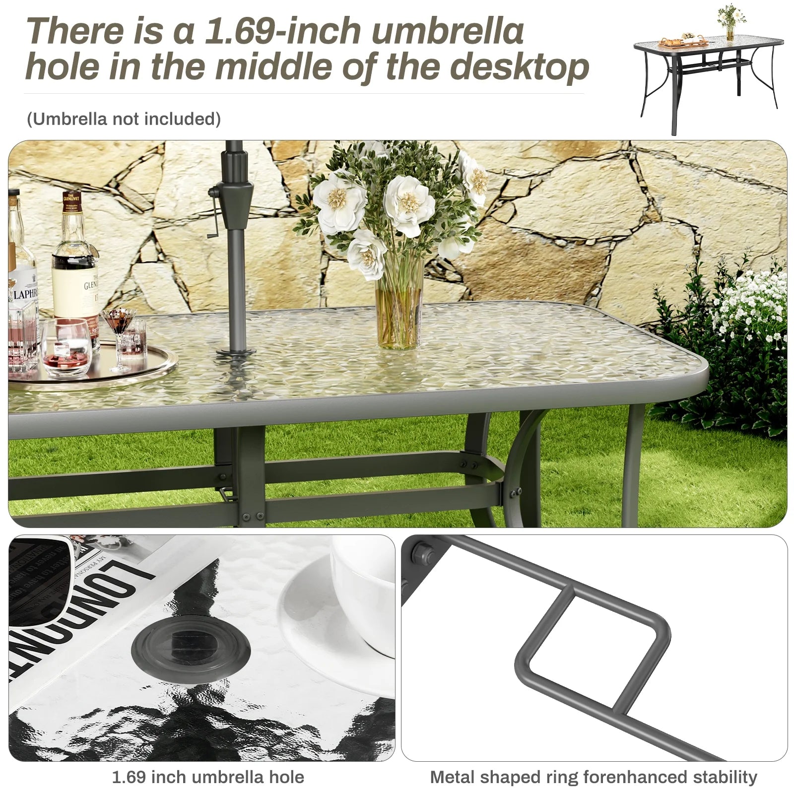 Pirecart Outdoor Glass Table with Umbrella Hole, Patio Dining Table for 6, for Garden, Balcony, Backyard, Poolside, Lawn, Gray