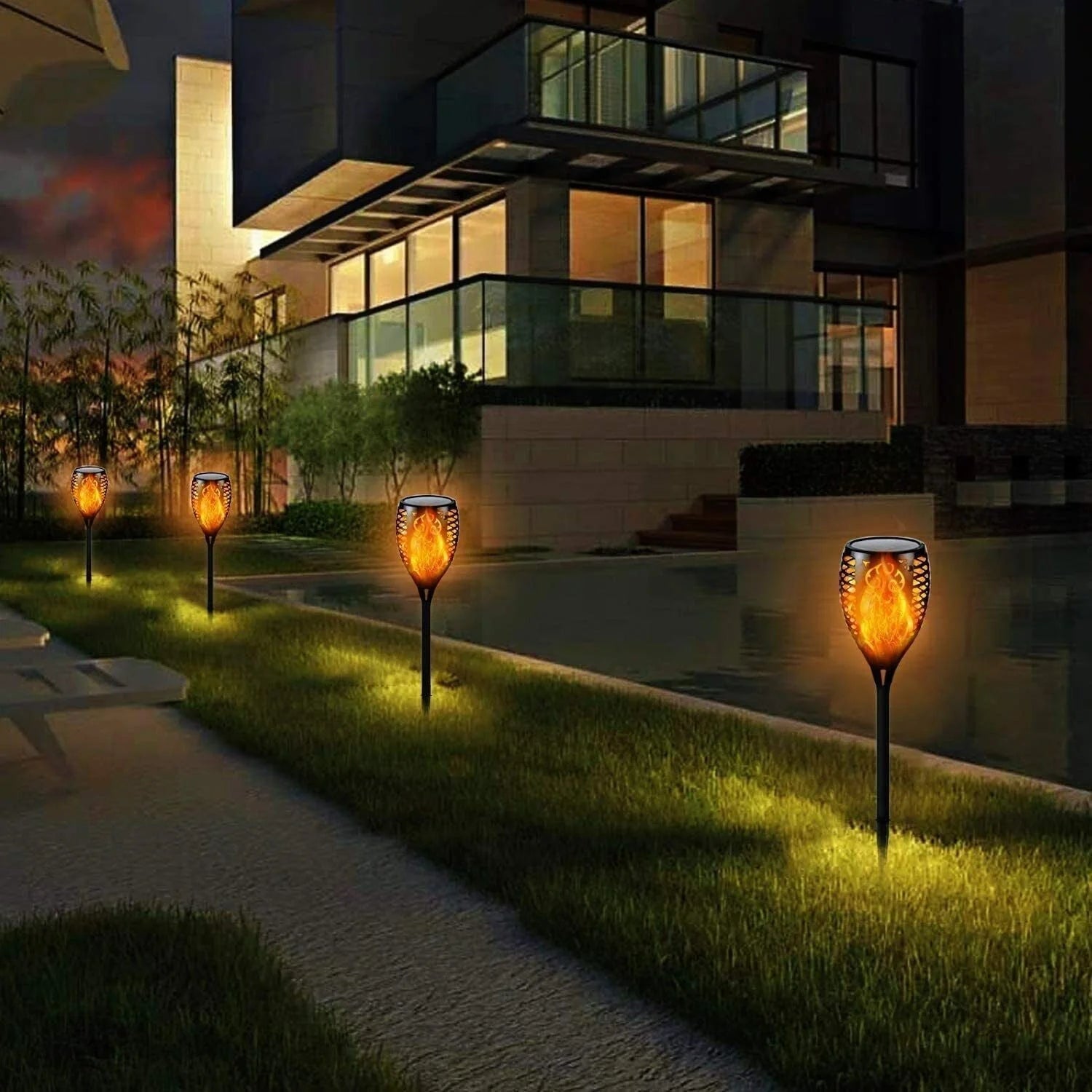 Flickering Solar Lights, 4 Pack Tiki Torch Lights with Flickering Flame, LED Waterproof Bamboo Yard Torch for Outside Garden Patio Pathway Blcak