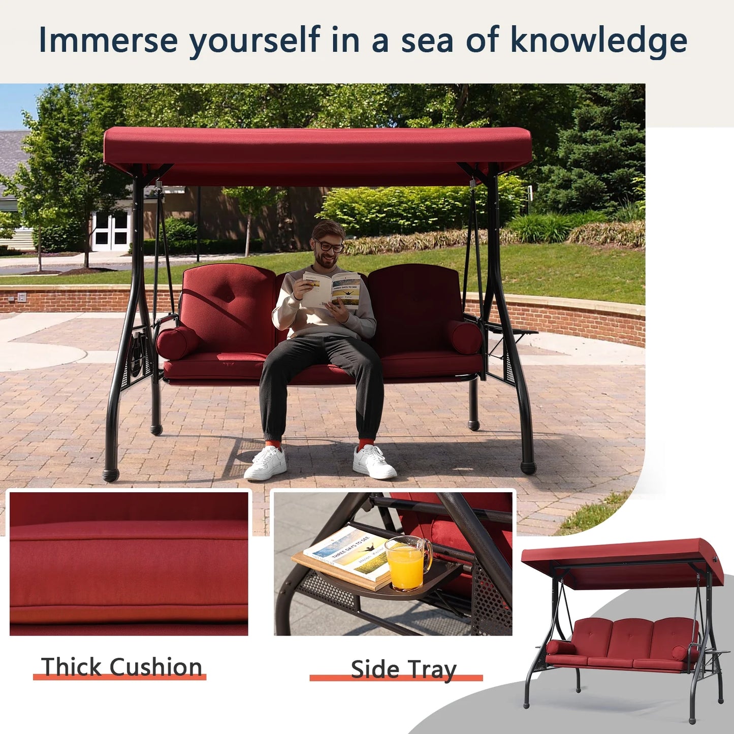 NOBLEMOOD 3-Seat Patio Porch Swing with Adjustable Canopy, Thickened Cushion & Foldable Tray, Red