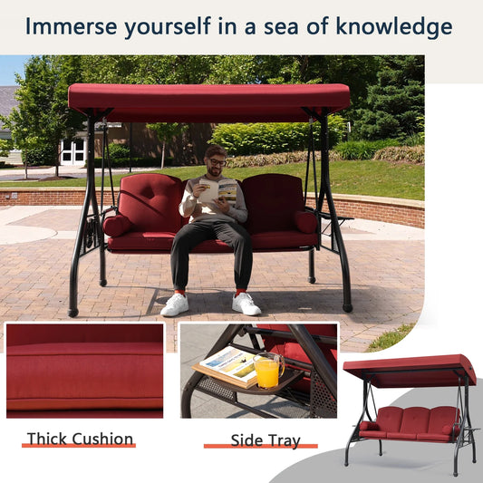 NOBLEMOOD 3-Seat Patio Porch Swing with Adjustable Canopy, Thickened Cushion & Foldable Tray, Red