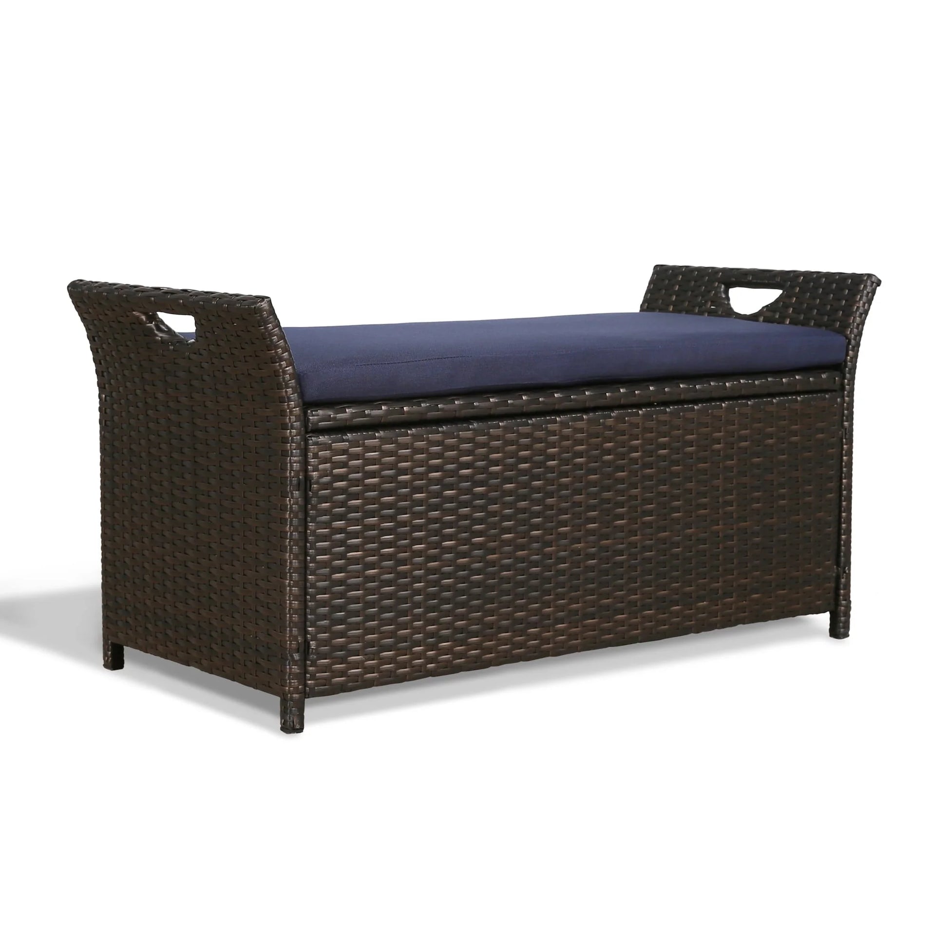 Ulax Furniture 27.6 Gallon Patio Wicker Storage Box, Outdoor Rattan Storage Bench Deck Bin with Cushion and Hydraulic Hinge Lid (Navy)