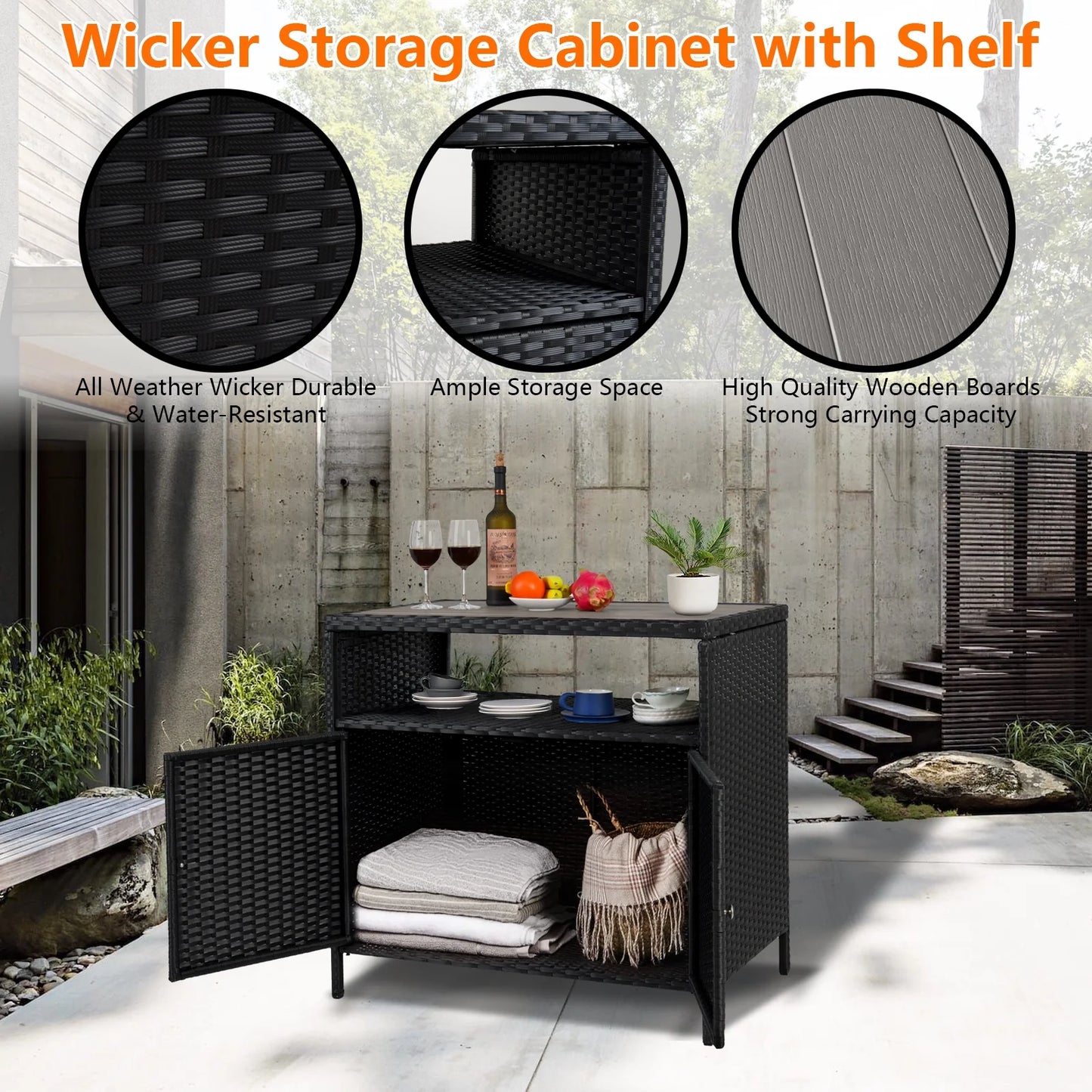 Faitaliicy Outdoor Wicker Rattan Storage Cabinet With Shelf Powder Coated Steel Patio Storage Box Bar Table With 2-Door Outdoor Freestanding Storage Unit For Patio Pool Garden Indoor Kitchen