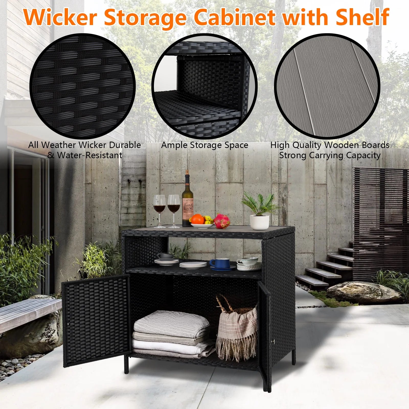 Faitaliicy Outdoor Wicker Rattan Storage Cabinet With Shelf Powder Coated Steel Patio Storage Box Bar Table With 2-Door Outdoor Freestanding Storage Unit For Patio Pool Garden Indoor Kitchen