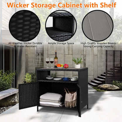 Faitaliicy Outdoor Wicker Rattan Storage Cabinet With Shelf Powder Coated Steel Patio Storage Box Bar Table With 2-Door Outdoor Freestanding Storage Unit For Patio Pool Garden Indoor Kitchen