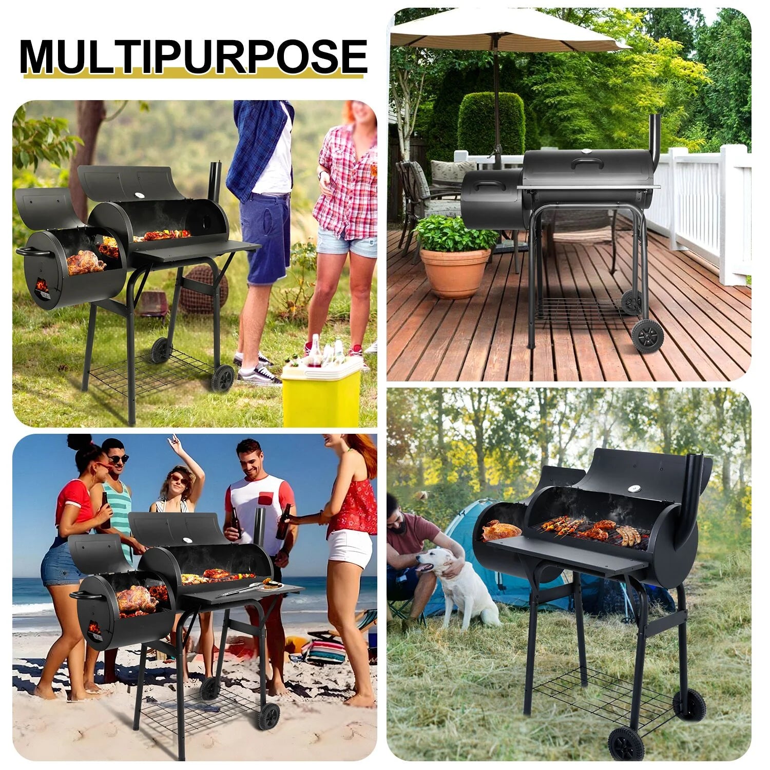 Walchoice Charcoal Grill with Offset Smoker, Barrel BBQ Grill with Wheels, Outdoor Barbecue Grill for Backyard Patio Beach Garden Party, 2 Screwdrivers & 6 Hooks, Black