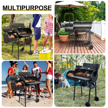 Walchoice Charcoal Grill with Offset Smoker, Barrel BBQ Grill with Wheels, Outdoor Barbecue Grill for Backyard Patio Beach Garden Party, 2 Screwdrivers & 6 Hooks, Black