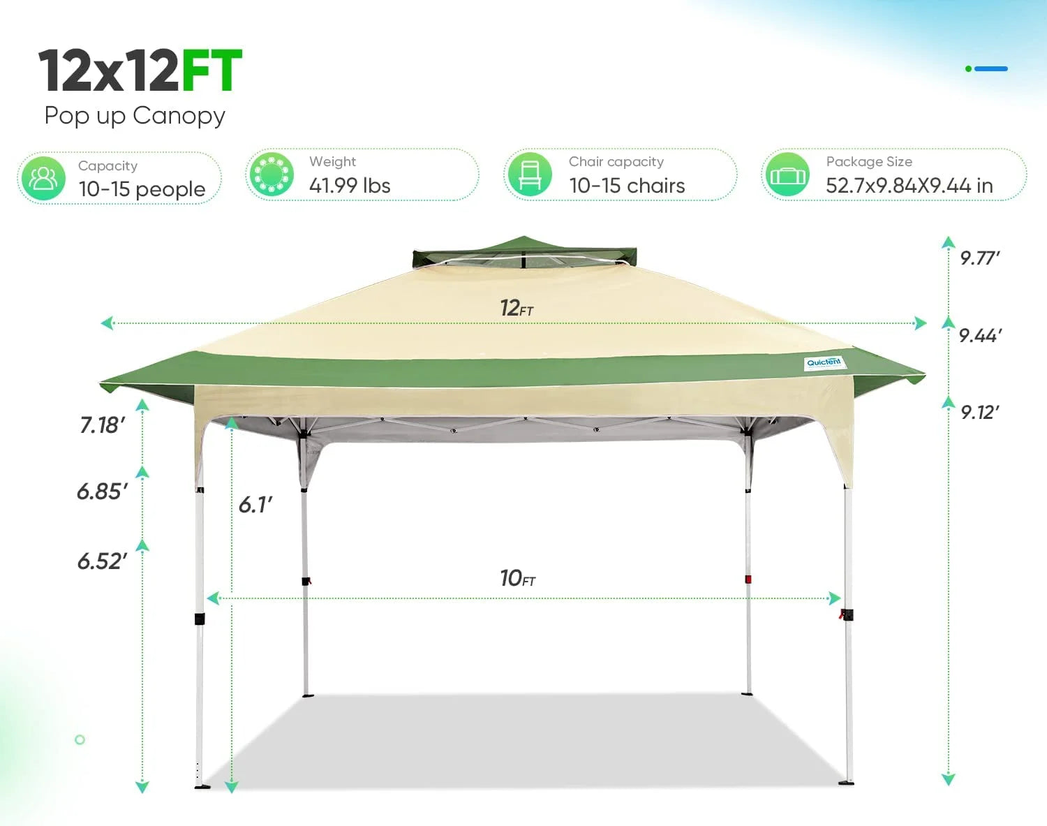 Quictent Pop up Canopy 12 x 12, One Person Set up Portable Instant Folding Shelter, Outdoor Canopy Tent with Extra Shade for Backyard, Patio, Party - Tan/Brown