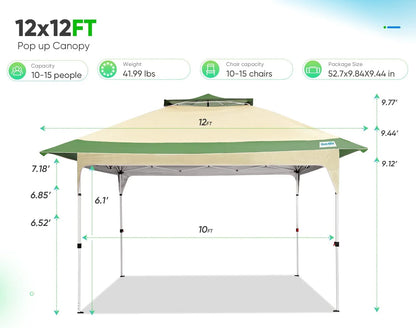 Quictent Pop up Canopy 12 x 12, One Person Set up Portable Instant Folding Shelter, Outdoor Canopy Tent with Extra Shade for Backyard, Patio, Party - Tan/Brown