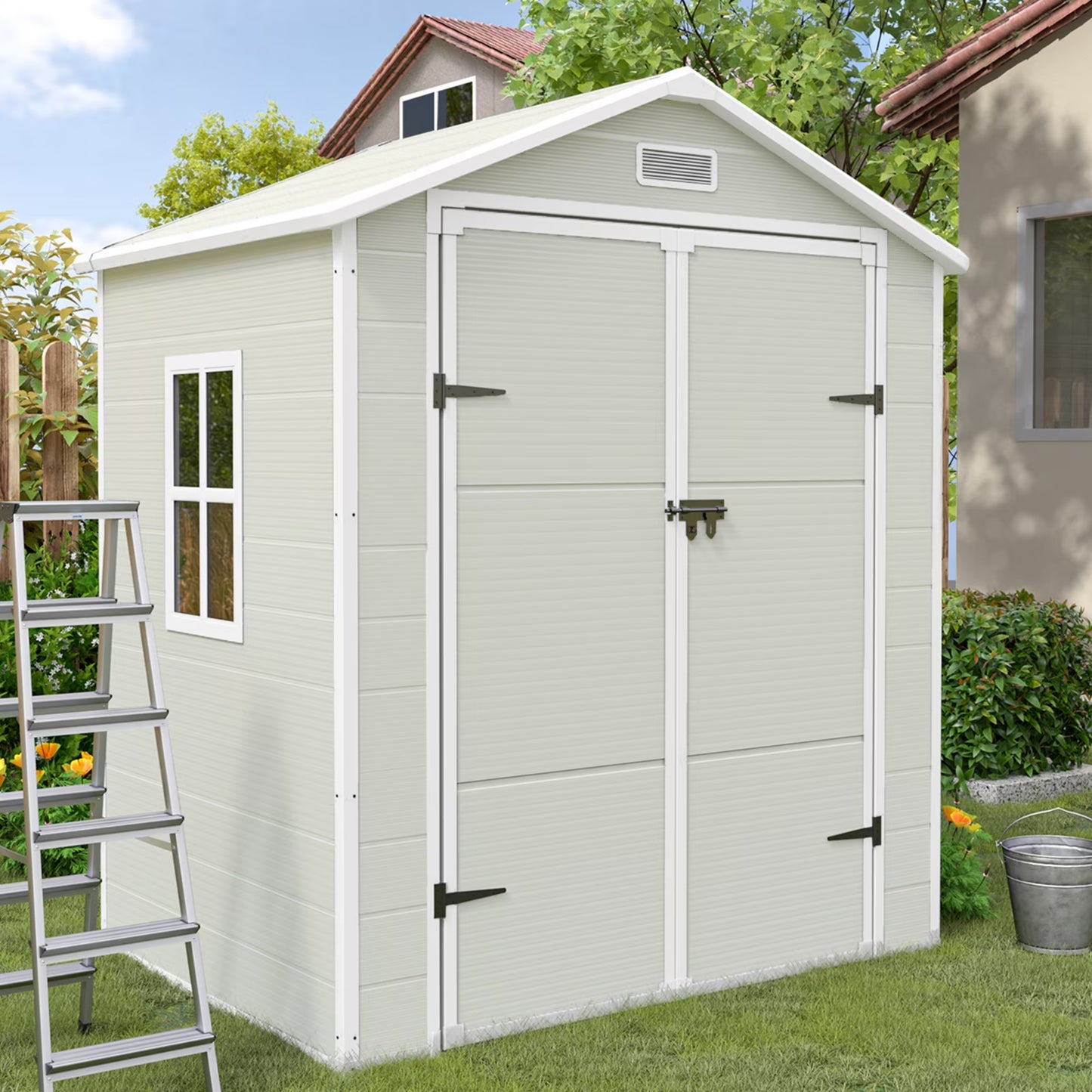 ECOPATIO Outdoor Storage Shed 5x3 FT, Resin Garden Shed for Bike, Tool, Plastic Outside Sheds & Outdoor Storage Storage Box with Lockable Door for Backyard, Patio, Lawn, Sandstone