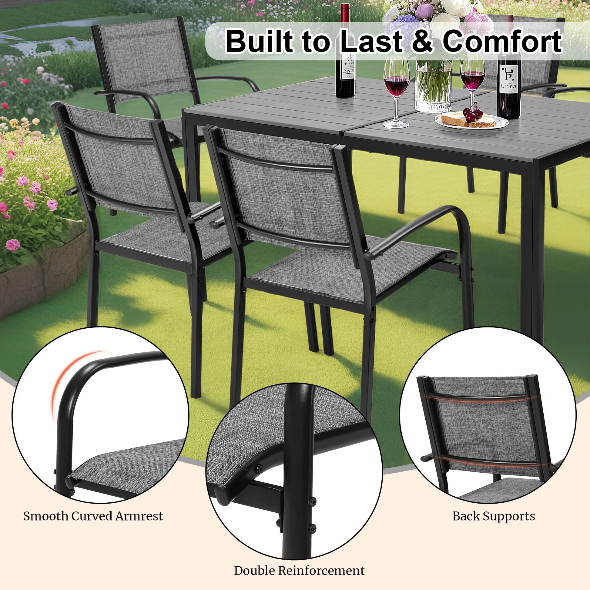 Patio Dining Set of 7, Outdoor Table and Chairs Textilene Design, Patio Furniture with Rectangle Plastic-wood Table, Space-saving Dining Table Set Stackable Design, Gray