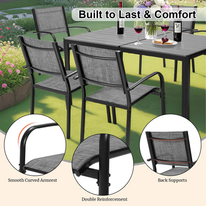 Patio Dining Set of 7, Outdoor Table and Chairs Textilene Design, Patio Furniture with Rectangle Plastic-wood Table, Space-saving Dining Table Set Stackable Design, Gray