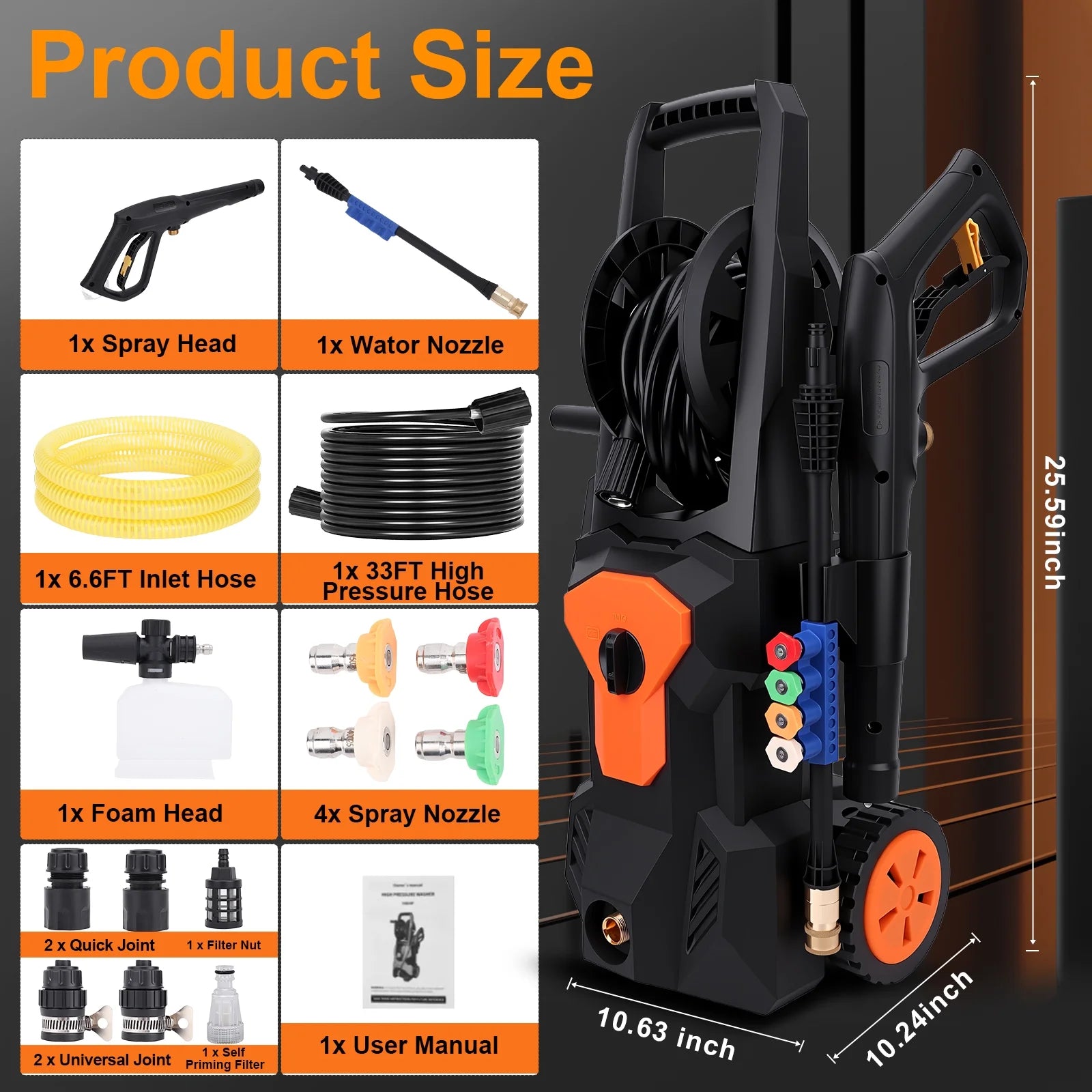 Electric Pressure Washer, 4500PSI Max 3.2 GPM 33FT Hose w/Hose Reel , 4 Connect Nozzles Foam Cannon for Cars, Fences, Driveways, Patios, Home Cleaning