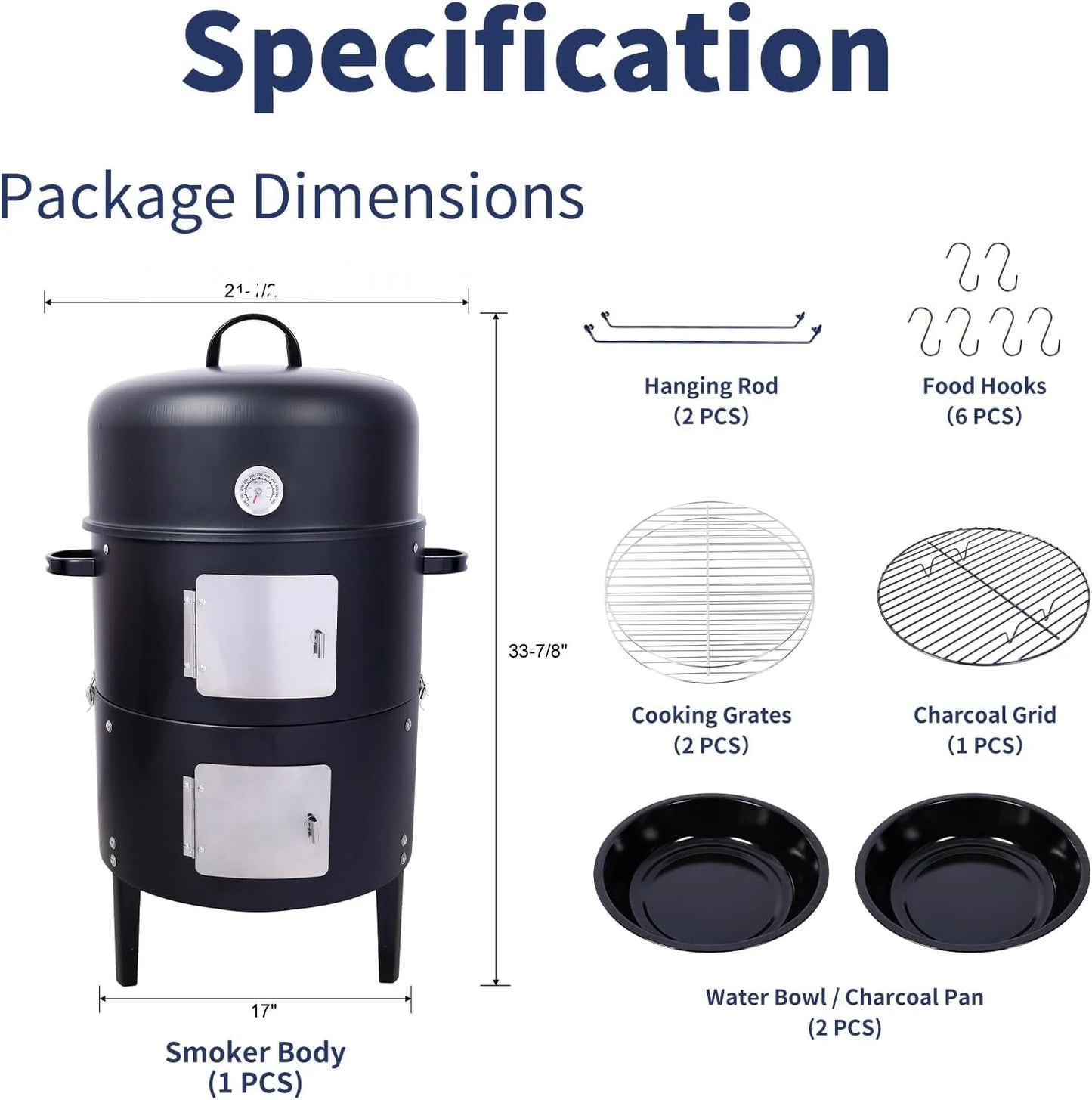 16 inch Vertical Charcoal Smoker, BBQ Grill, Fire Pit, 3-in-1 with Built-in Thermometer, Adjustable Air Vent, Idea for Parties, Backyard, Patio, Camping