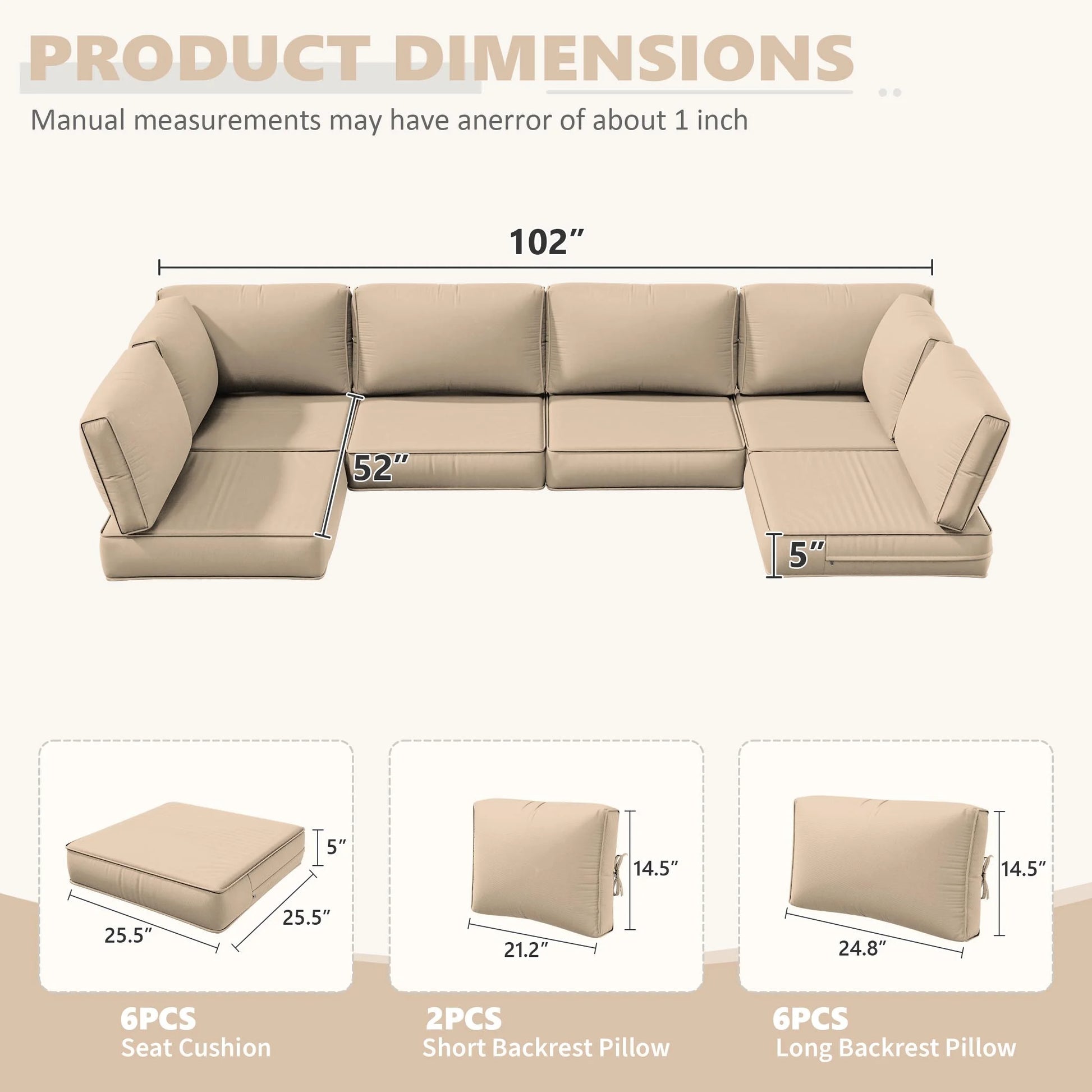 Snubbull 6-Seat Sectional Outdoor Patio Replacement Cushions Set, 25.5" x 25.5", 5" Foam High-Density, 14-Piece Water-Resistant Outdoor Cushion for Patio Conversation Sets, Liner& Cover, Sand