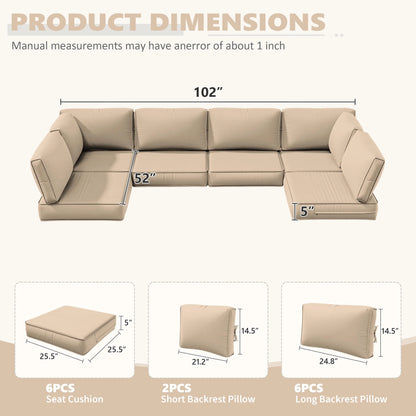 Snubbull 6-Seat Sectional Outdoor Patio Replacement Cushions Set, 25.5" x 25.5", 5" Foam High-Density, 14-Piece Water-Resistant Outdoor Cushion for Patio Conversation Sets, Liner& Cover, Sand