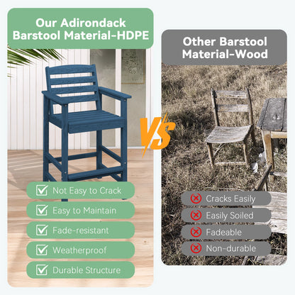 JUSTLET Tall Adirondack Chair Set of 2 with Double Connecting Tray, HDPE Outdoor Weather Resistant Patio Bar Stools for Patio, Balcony, Porch, Navy Blue