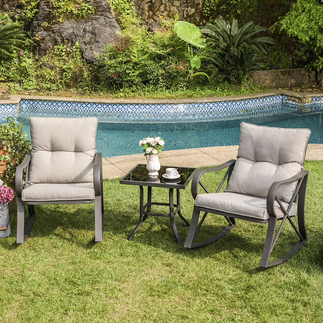 COSIEST 3 Piece Rocking Chair Bistro Set, Patio Outdoor Furniture w Cushions, Glass-Top Table
