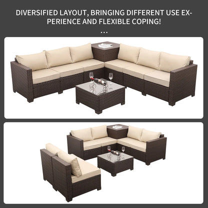 Waroom 6 Pieces Outdoor Furniture Patio Set with Storage Box,Glass Coffee Table,Khaki