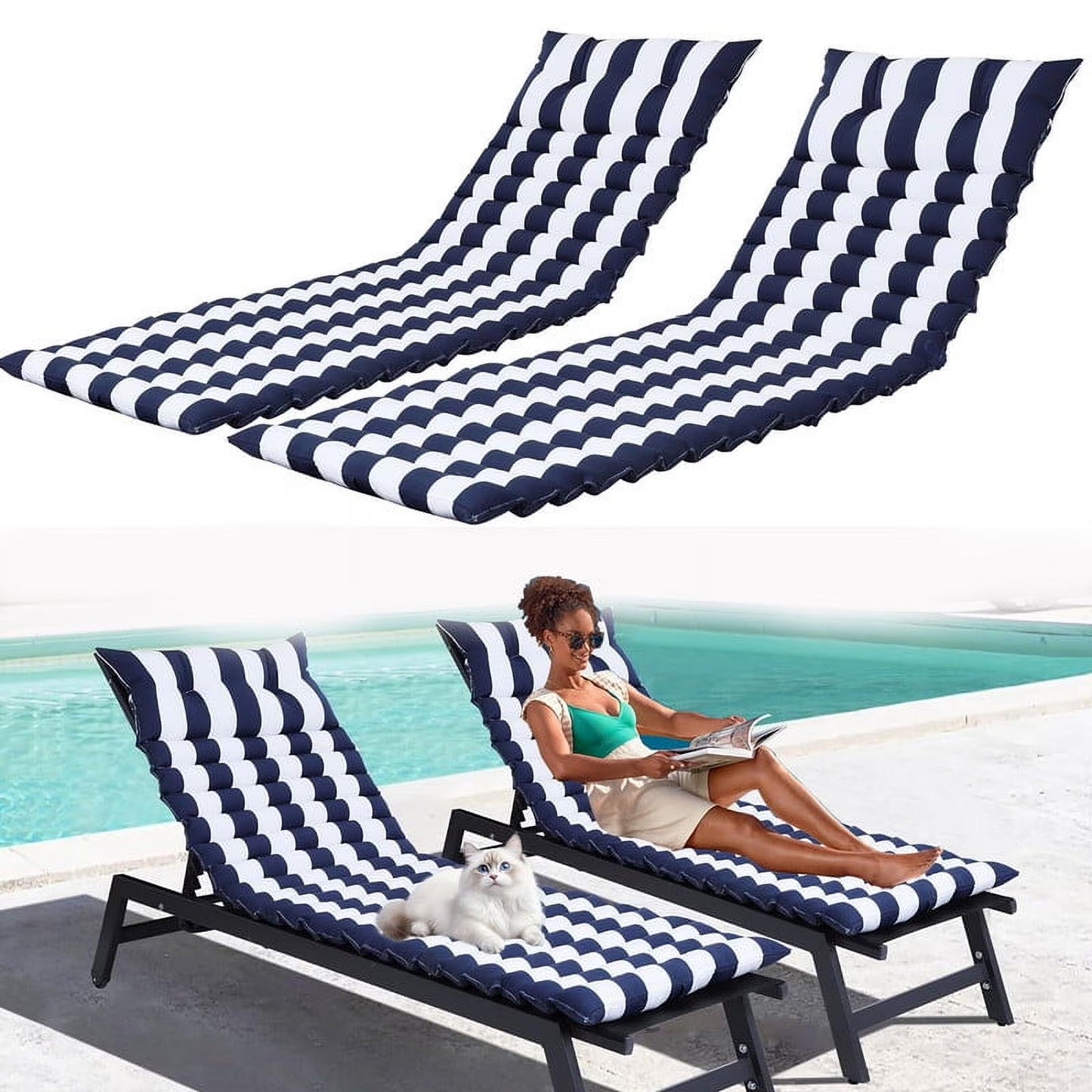 2pcs Outdoor Chaise Lounge Cushions, Waterproof Patio Foldable Chair Cushion for Garden Pool, 73 x 24in Sun Lounger Cushions for Outdoor FurnitureNavy blue