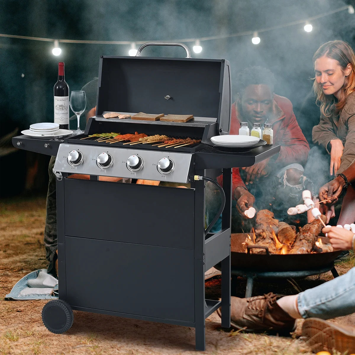 Propane Gas 4 Burner Barbecue Grill, Stainless Steel 34,000 BTU Patio Garden Barbecue Grill with Two Shelves, Lid, Wheels and Bottle Opener