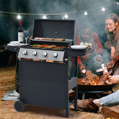 Propane Gas 4 Burner Barbecue Grill, Stainless Steel 34,000 BTU Patio Garden Barbecue Grill with Two Shelves, Lid, Wheels and Bottle Opener