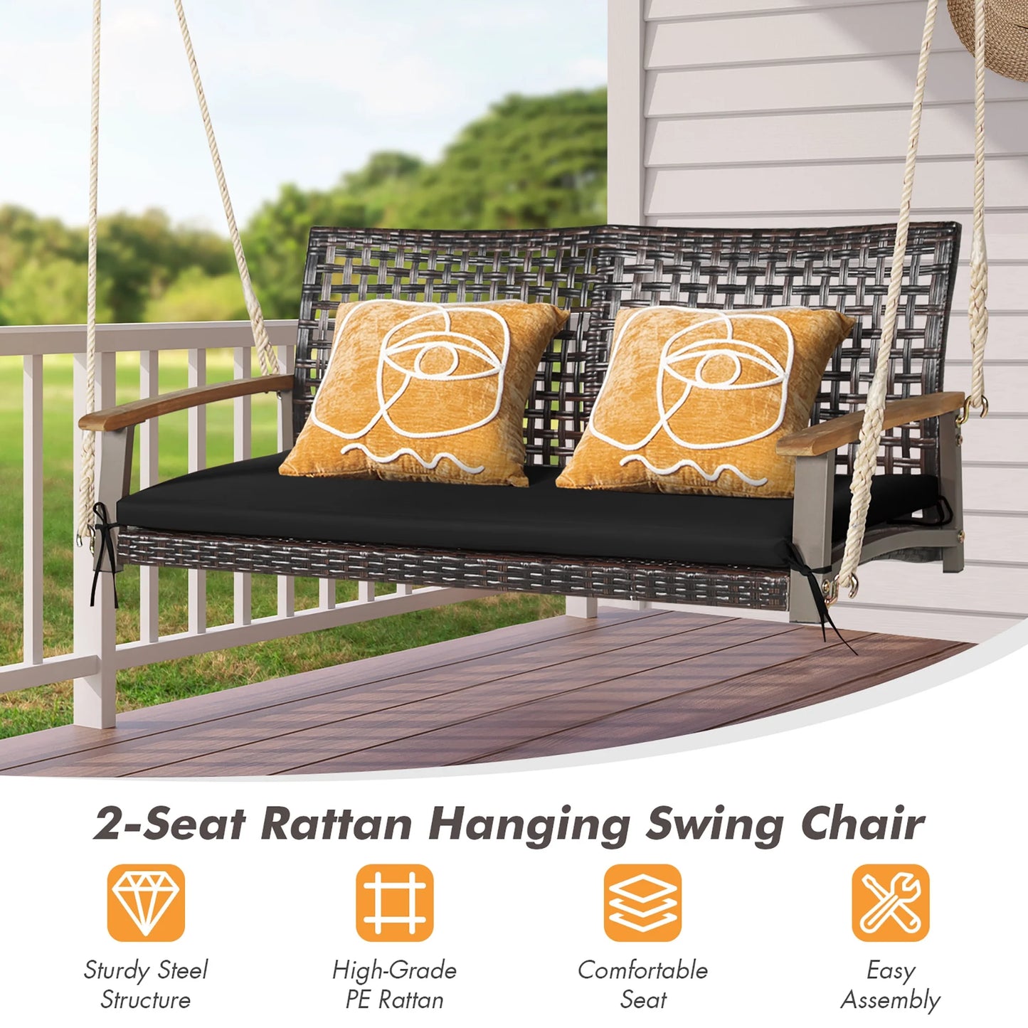 Costway 2-Person Patio Rattan Hanging Swing Chair Porch Loveseat Cushion Black