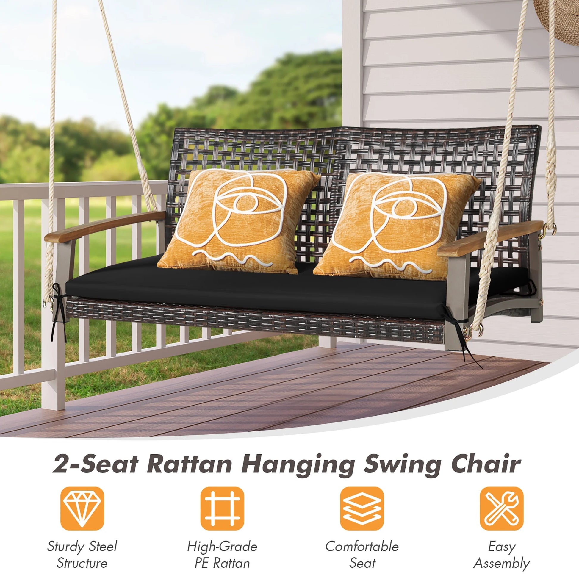 Costway 2-Person Patio Rattan Hanging Swing Chair Porch Loveseat Cushion Black