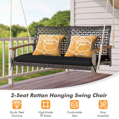 Costway 2-Person Patio Rattan Hanging Swing Chair Porch Loveseat Cushion Black