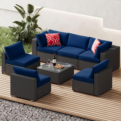 HighSound 7 Piece Patio Furniture Set, Outdoor Wicker Patio Sectional Sofa, All Weather PE Rattan Outdoor Sectional with Cushion & Coffee Table, Khaki