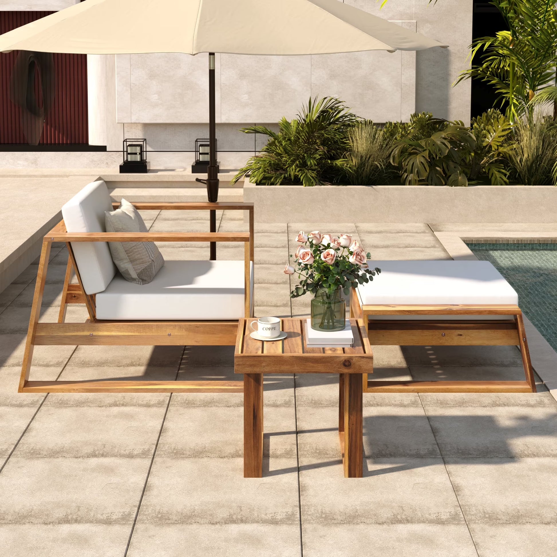 Harper & Bright Designs Wood Outdoor Lounge Chair & Ottoman Set, Modern Patio Seating Chaise with Solid Wood Frame & Water-Resistant for Backyard Poolside Garden, Natural+Beige