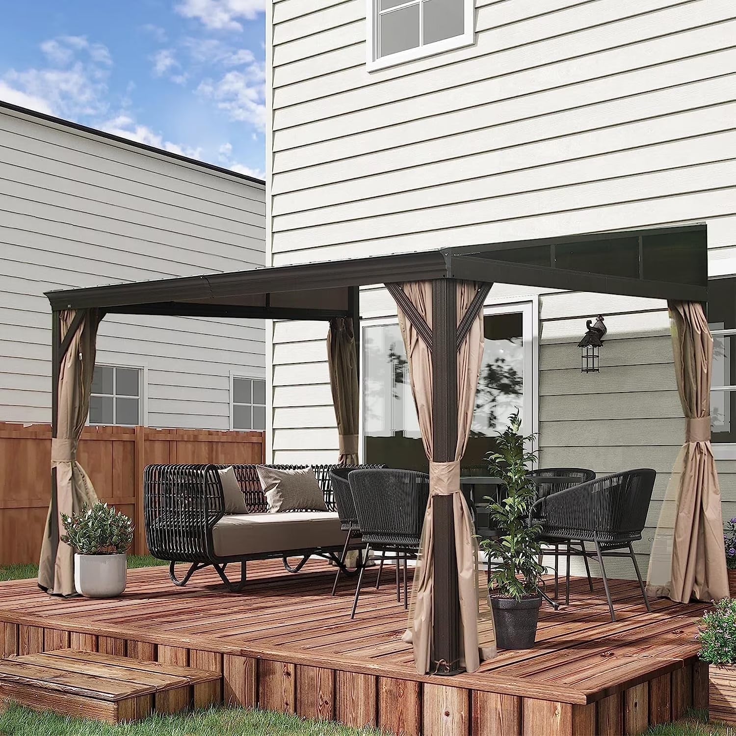 Domi Outdoor Living 10' x 12' Hardtop Lean-to Gazebo, Wall-Mounted with Galvanized Steel Roof Wall Pergola with Aluminum Frame, Curtains and Netting, for Patio, Deck, Garden, Backyard