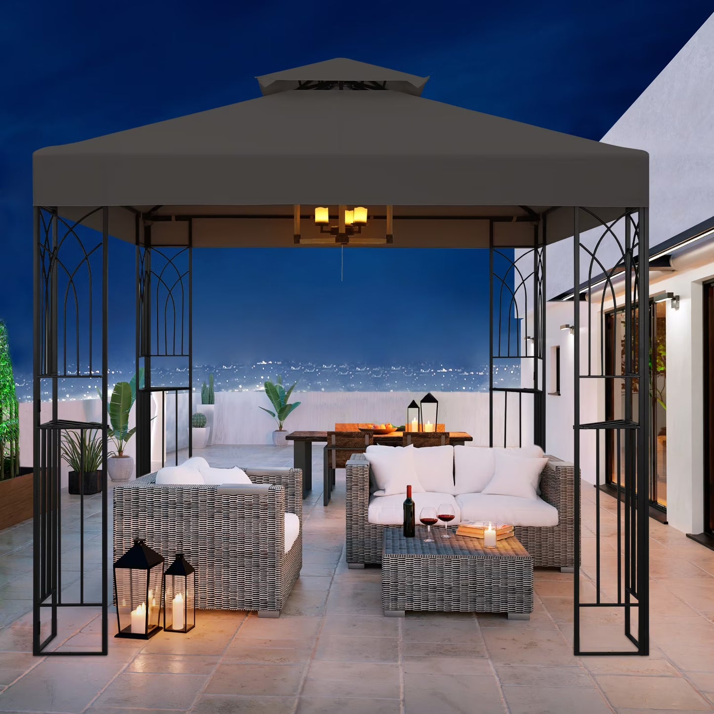 COOS BAY 8x8 Outdoor Patio Gazebo with Corner Shelves, Two-Tier Soft Top Canopy for Backyard, Lawn, Deck and Garden, Gray