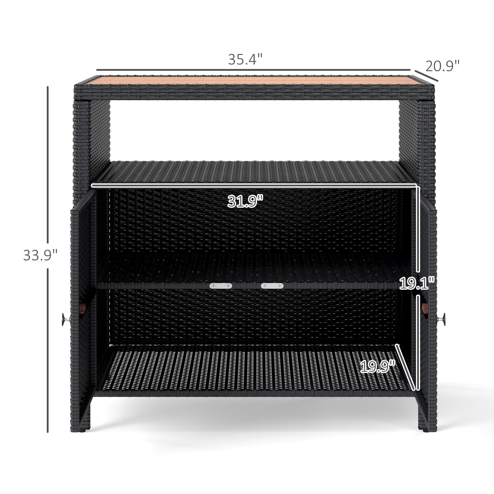 Outsunny Rattan Outdoor Storage Cabinet, Wicker Bar Table with Acacia Wood Countertop, Two Doors, Shelf, for Garden, Patio, Backyard, Black