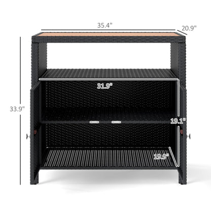 Outsunny Rattan Outdoor Storage Cabinet, Wicker Bar Table with Acacia Wood Countertop, Two Doors, Shelf, for Garden, Patio, Backyard, Black