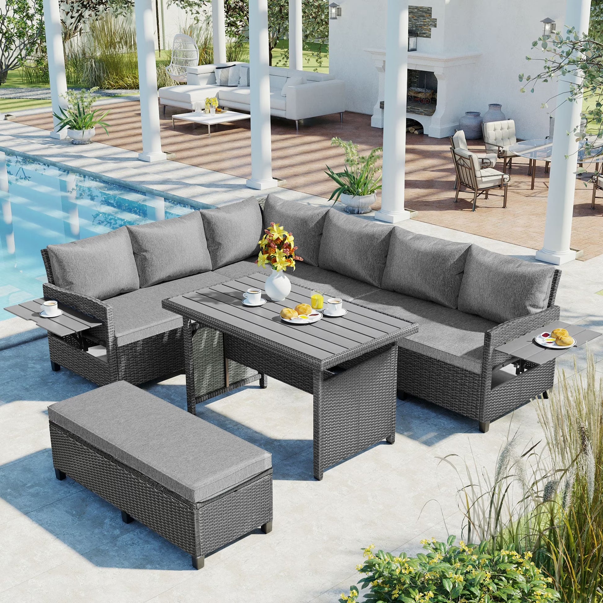 Harper & Bright Designs Outdoor Rattan Sectional Sofa Set with Dining Table, Patio L-Shaped Wicker Conversation Set with 2 Extendable Side Tables, Brown