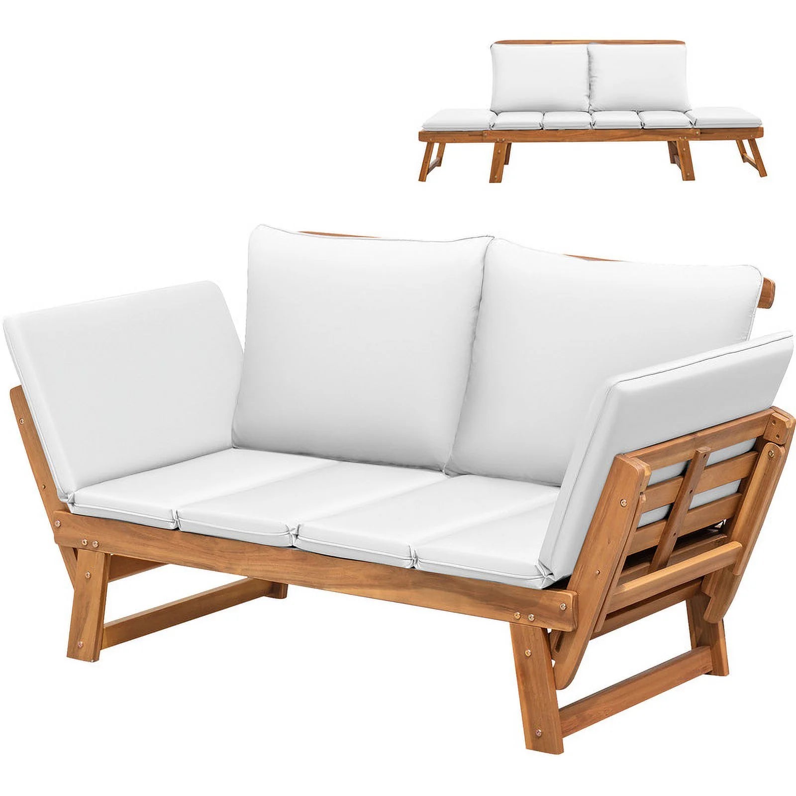 Homall Outdoor Sofa Patio Acacia Wood Daybed with Adjustable Armrests, Gray