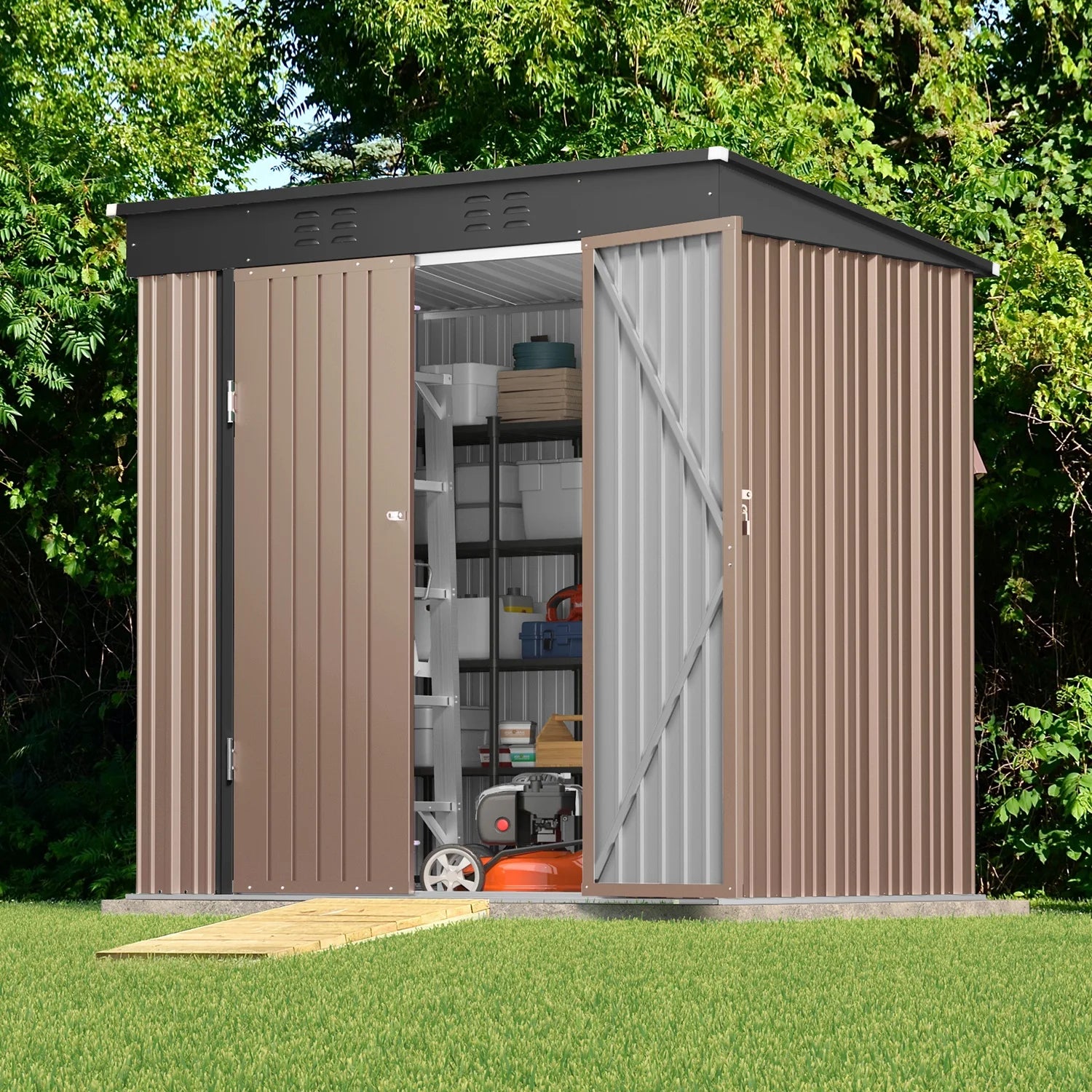Lofka 6x4 FT Outdoor Storage Shed , Metal Garden Sheds & Outdoor Storage with Lockable Door for Backyard, Patio, Lawn, Brown
