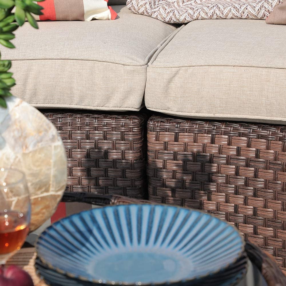 Outdoor Sectional Sofa Set, Half-moon Furniture with Cover, Patio PE Wicker Set with Beige Cushions & Tempered Glass Coffee Table, 5-Piece