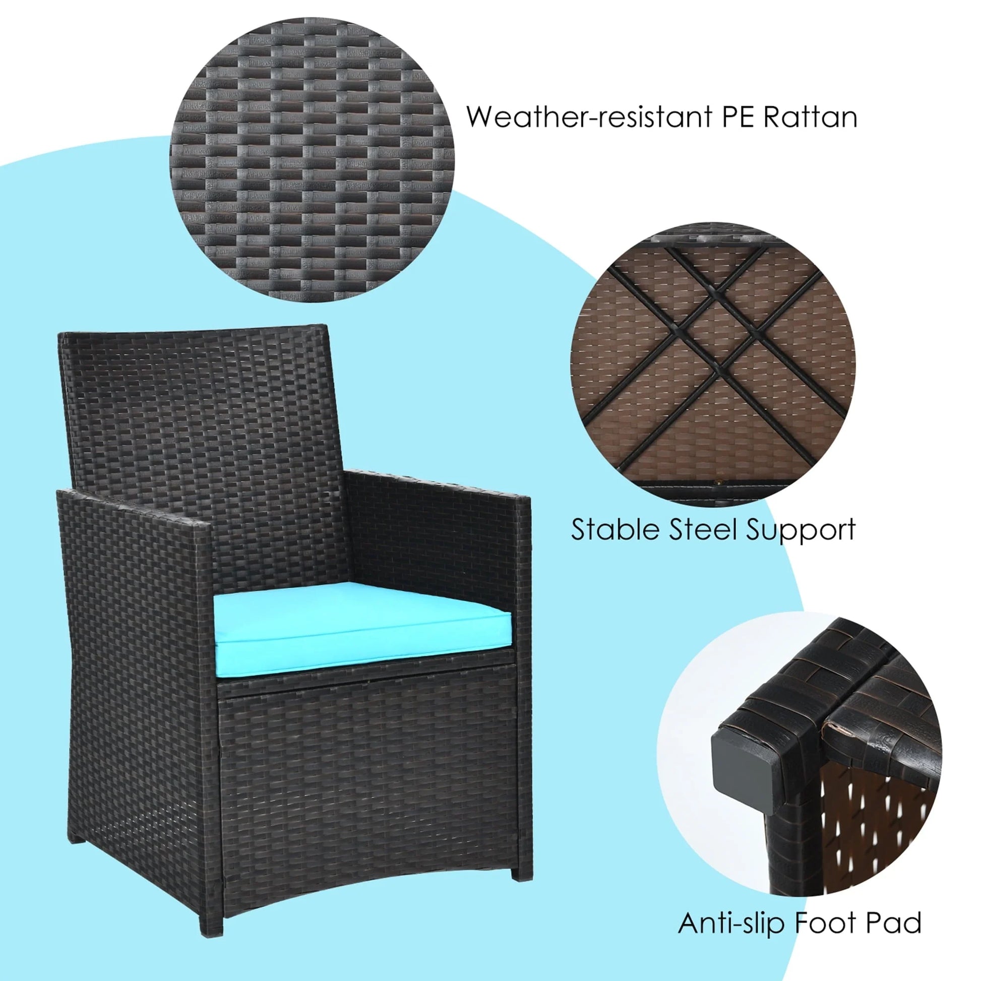 Gymax 3PCS Patio Wicker Bistro Set PE Rattan Dining Table Set w/Turquoise Cushions
