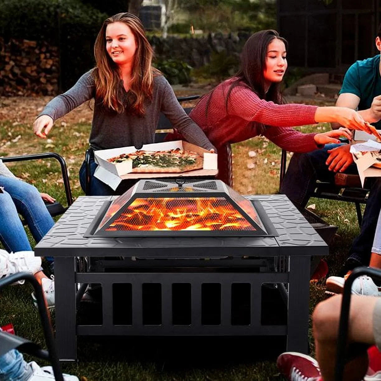 Fire Pits for Outside, DFITO 32" Wood Burning Fire Pit Tables with Screen Lid, Poker, Outdoor Fire Pit Patio Set, Patio Garden Stove Fire Pit/Ice Pit/BBQ Fire Pit, Black, GJ131