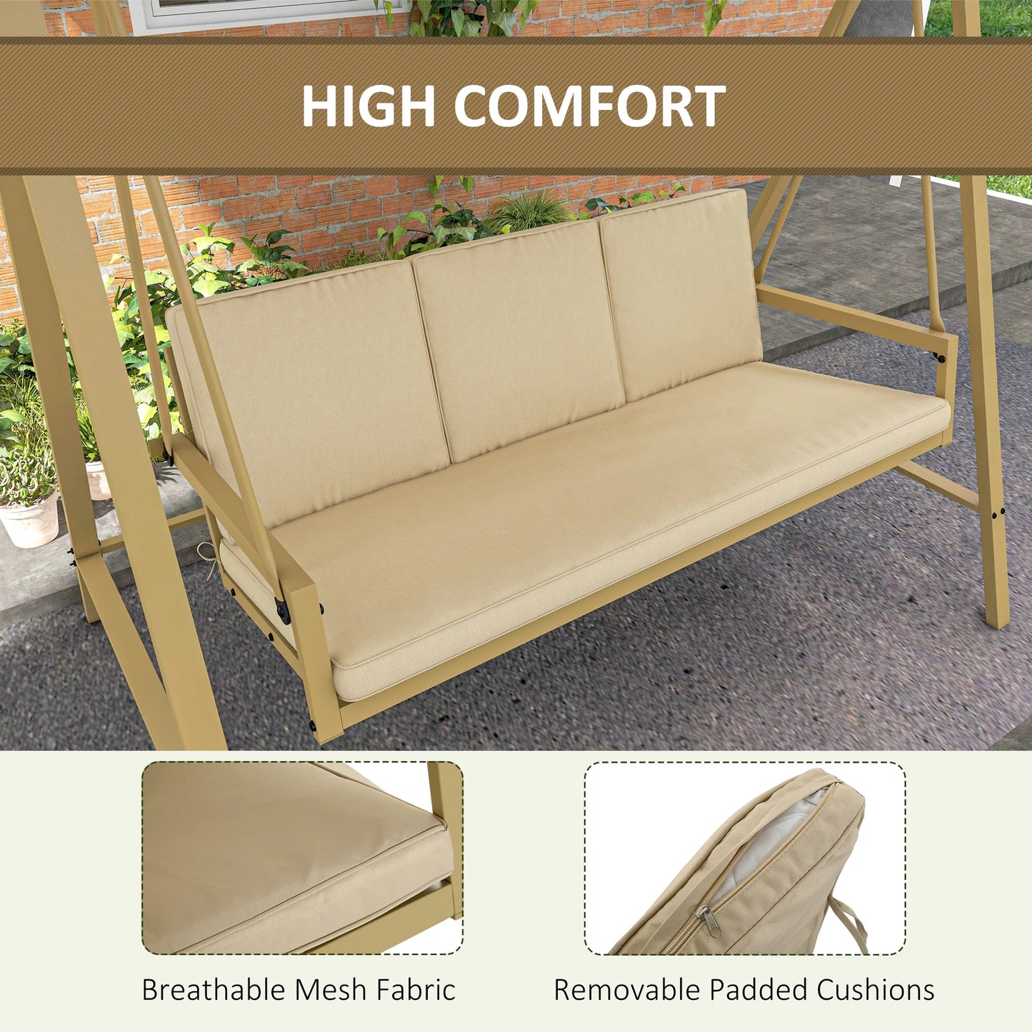 Outsunny 3-Seat Outdoor Porch Swing, Patio Swing Chair with Adjustable Canopy, Removable Cushions for Garden, Backyard, and Poolside, Beige