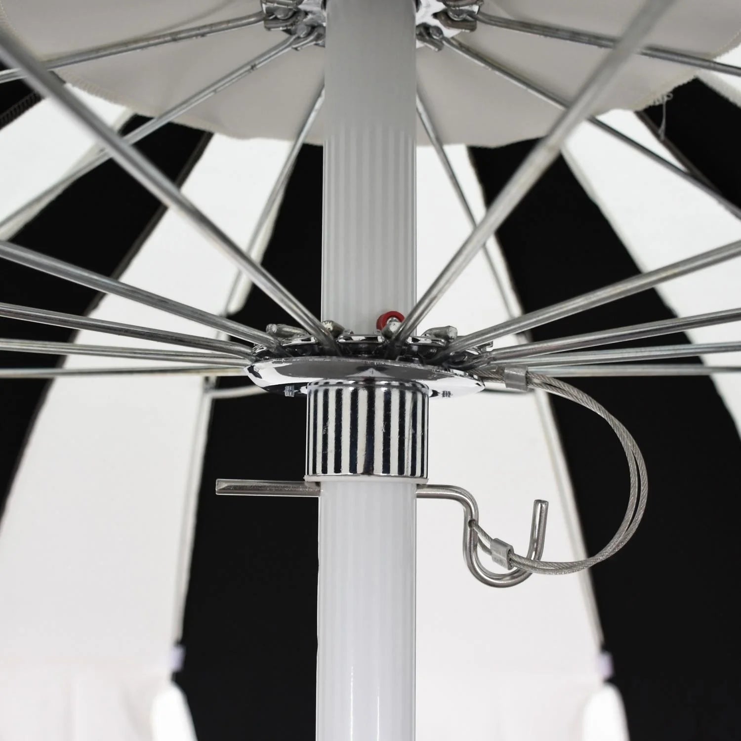 California Umbrella Pagoda Series 8.5 Ft Round Aluminum Pagoda Patio Umbrella W/Push Lift & Steel Wire Ribs - White Frame/Sunbrella Pacific Blue Stripe Canopy