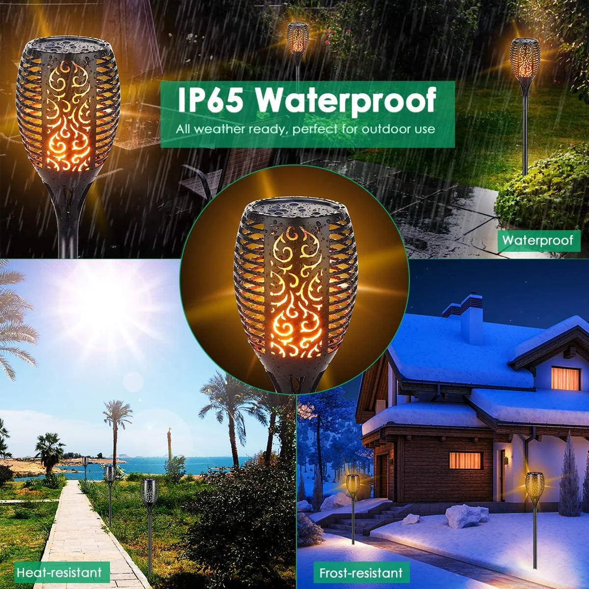Flickering Solar Lights, 4 Pack Tiki Torch Lights with Flickering Flame, LED Waterproof Bamboo Yard Torch for Outside Garden Patio Pathway Blcak