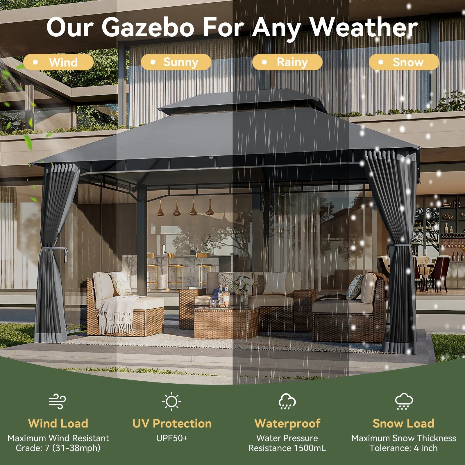 AOXUN Outdoor Gazebo for Patio 10x13, Metal Frame Canopy with Double Roofs, Heavy Duty Party Tent and Shelter with Mosquito Nettings for Backyard, Lawn, Garden,Gray
