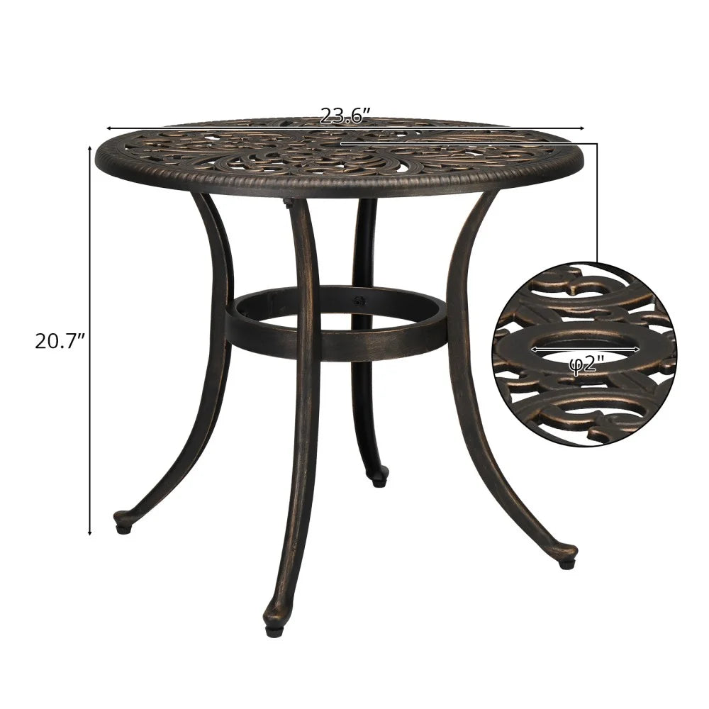 IVV 23.6" Cast Aluminum Round Side Table, All-Weather Accent Patio Coffee Table with 2" Umbrella Hole for Outdoor Bistro Porch Garden Lawn (Bronze)