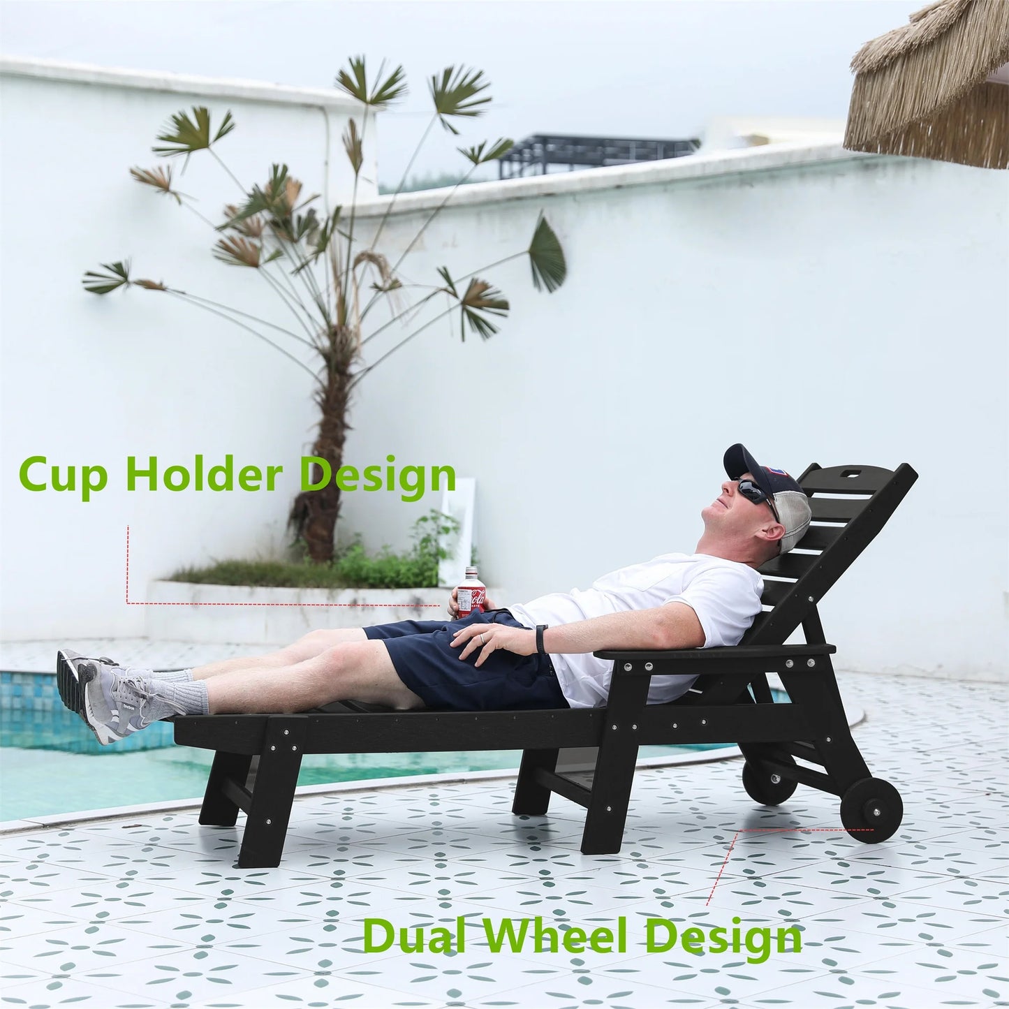 Aukfa 3 Pcs Outdoor Patio Chaise Lounge w/Coffee Table& Cup Holder, Adjustable Backrest, HDPE, Black