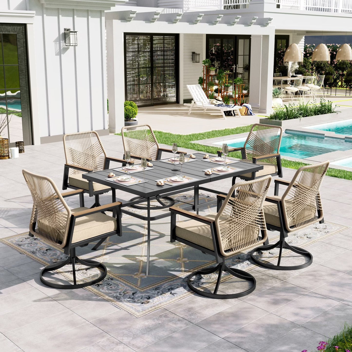 Sophia & William 7-Piece Outdoor Patio Dining Set Metal Rattan Chairs and Steel Table