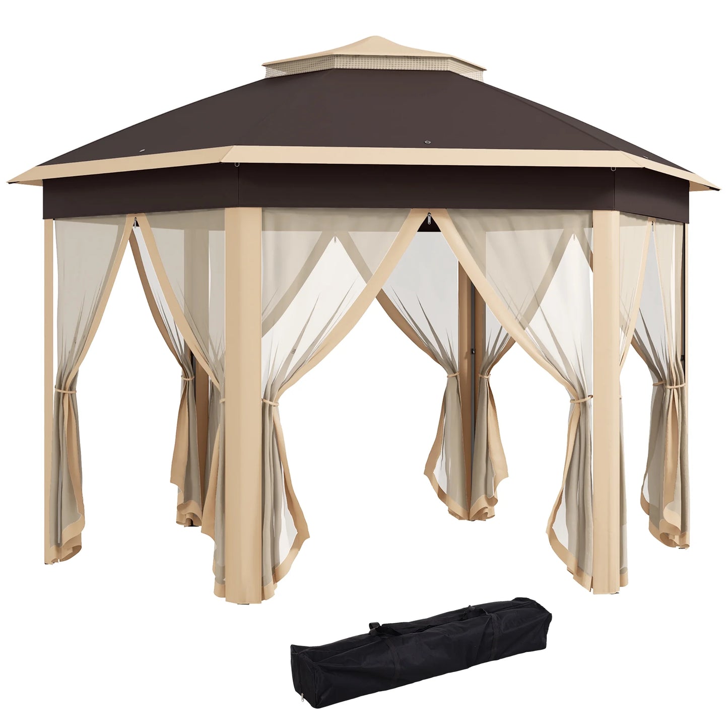 Outsunny 13' x 13' Pop Up Gazebo Hexagonal Canopy with 6 Zippered Mesh Netting, 2-Tier Roof Event Tent with Steel Frame for Patio Backyard, Gray