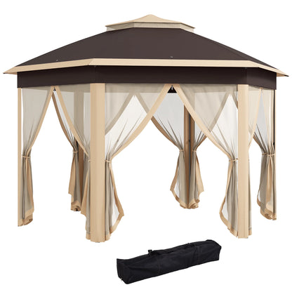 Outsunny 13' x 13' Pop Up Gazebo Hexagonal Canopy with 6 Zippered Mesh Netting, 2-Tier Roof Event Tent with Steel Frame for Patio Backyard, Gray