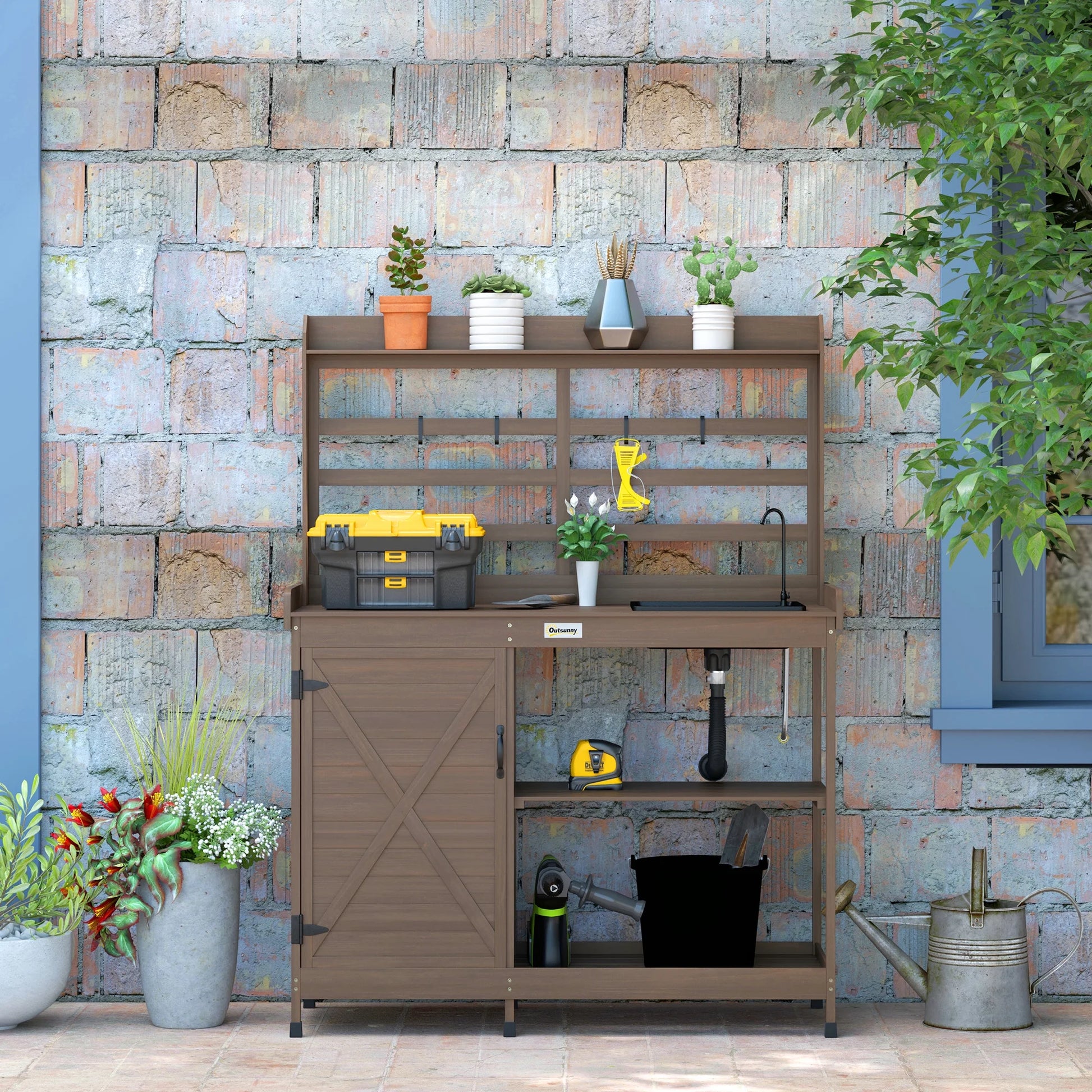 Outsunny Wooden Potting Bench, Outdoor Potting Table with Storage Cabinet, Storage Shelves, Sink, Water Tap for Backyard, Patio, Balcony, Dark Brown